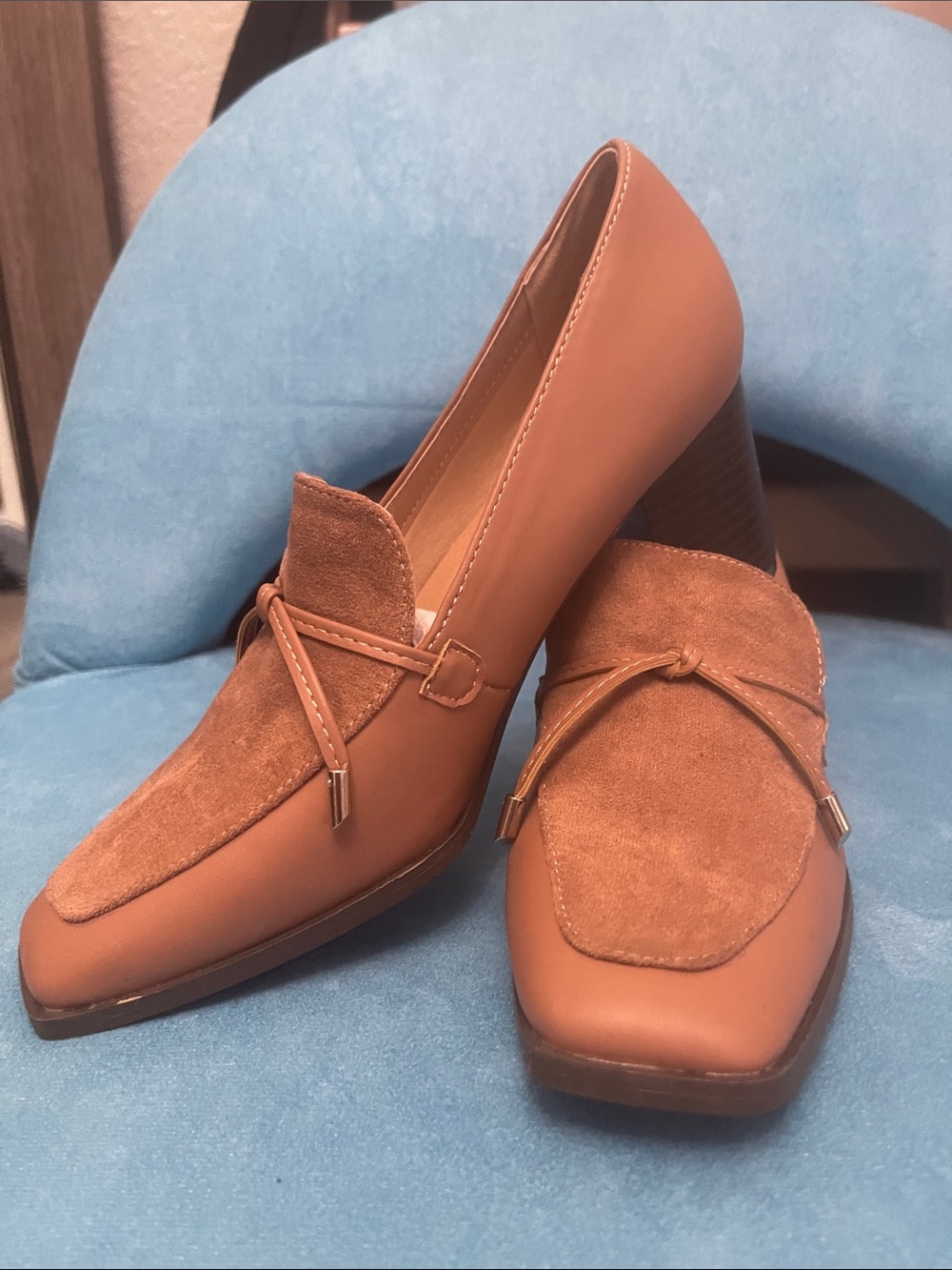 Women's Tan Leather & Suede Block Heel Loafers with Knot Detail